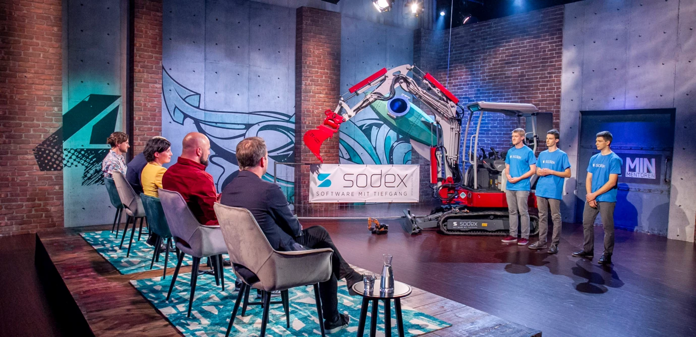 Das „Sodex“-Team auf Puls 4 bei „2 Minuten 2 Mentoren“. Bild: Puls 4/Gerry Frank Das „Sodex“-Team auf Puls 4 bei „2 Minuten 2 Mentoren“. Bild: Puls 4/Gerry Frank